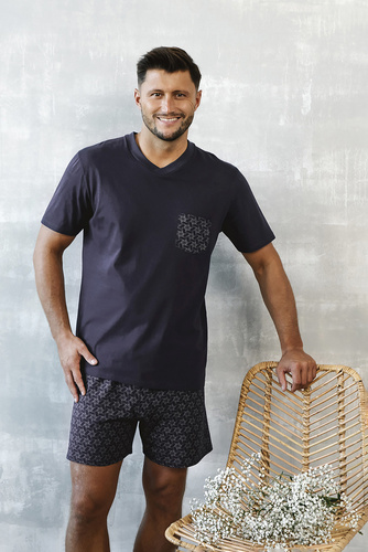 Diaz Pánske pyžamo s krátkym rukávom, šortky Italian Fashion - námornícka modrá/potlač