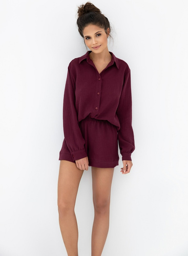 Dámske pyžamo Ivory Sensis burgundy- mušelínová bavlna, dlhý rukáv, zapínanie na gombíky
