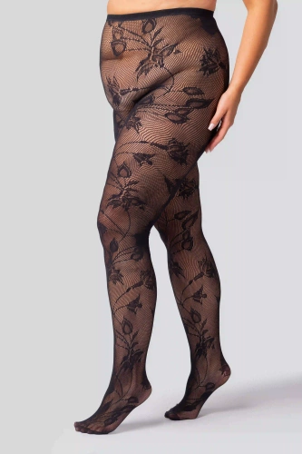Kvetinové pančuchy Cabaret Queen Size - čierne, elegantné, s bavlneným klinom