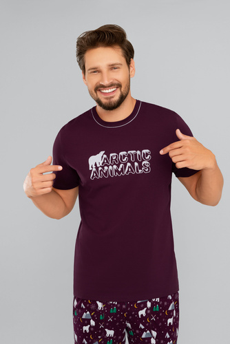 Manfred Pánske pyžamo s krátkym rukávom, dlhé nohavice Talianska móda - bordová/print bordová