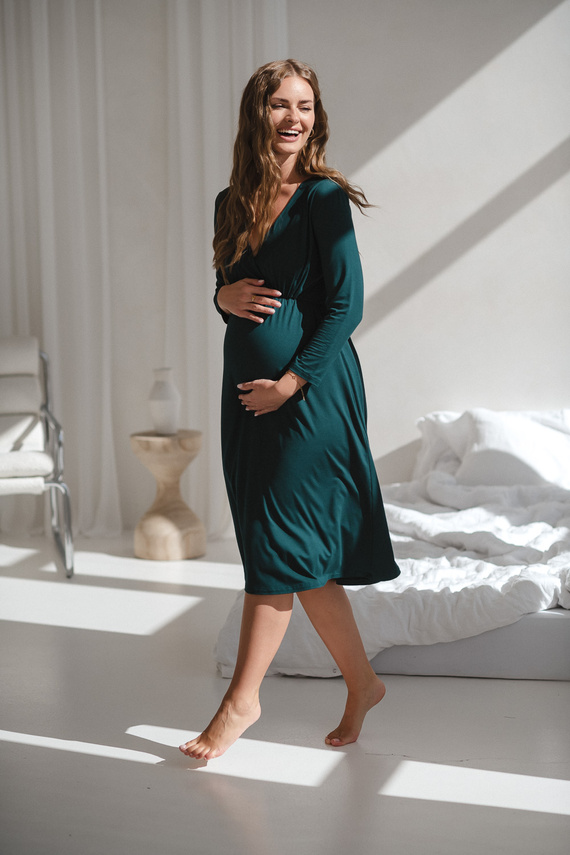 Hviezdna ľahká tehotenská a dojčiaca bambusová nočná košeľa 7/8 Milk&Love fľaša zelená - priedušná, pre nemocnice, pohodlné dojčenie