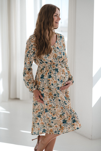 Krásne šaty Midi Milk&Love béžové kvetinové tehotenské a dojčiace šaty z ľanu, elegantný strih s dojčiacimi zipsami