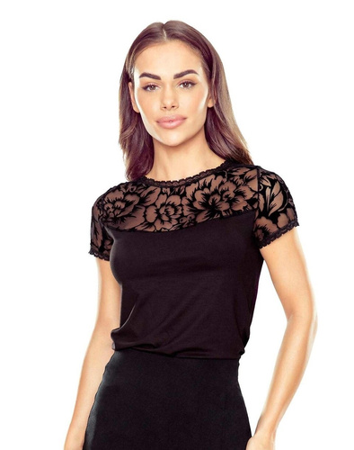 Elegantná dámska blúzka Toshi Eldar čierna | Flocked pattern, elastická viskóza, krátky rukáv | Ideálna na každú príležitosť