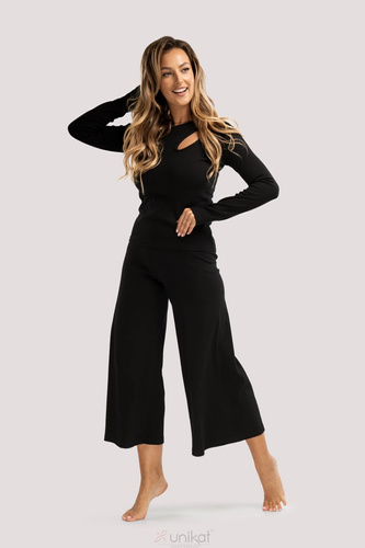 Zenové pyžamo čierne - elegantné bavlnené pyžamo s dlhými rukávmi, nohavice v dĺžke 7/8