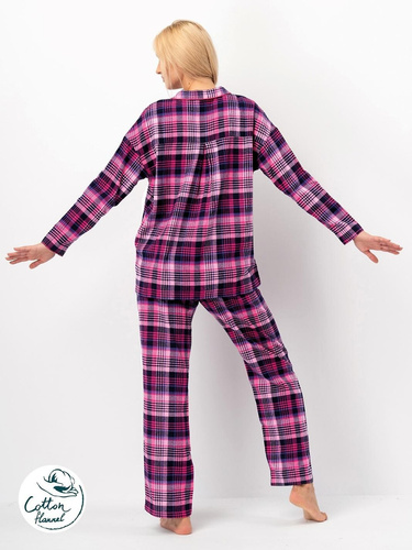 Dámske pyžamo Key LNS 490 fuchsiovo-bavlnený flanel, dlhý rukáv, gombíky