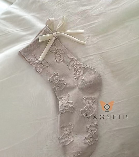 Dámske ponožky Magnetis CO5020 béžové - bavlnené, žakárové s motívom medvedíka