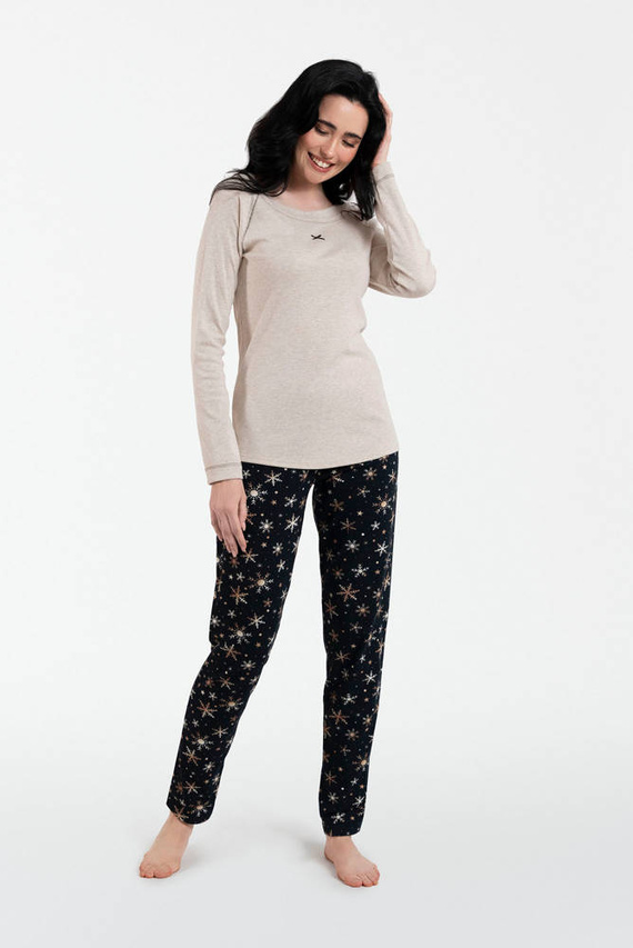 Denali Dámske pyžamo s dlhým rukávom a dlhými nohavicami Italian Fashion - béžová melanž/potlač