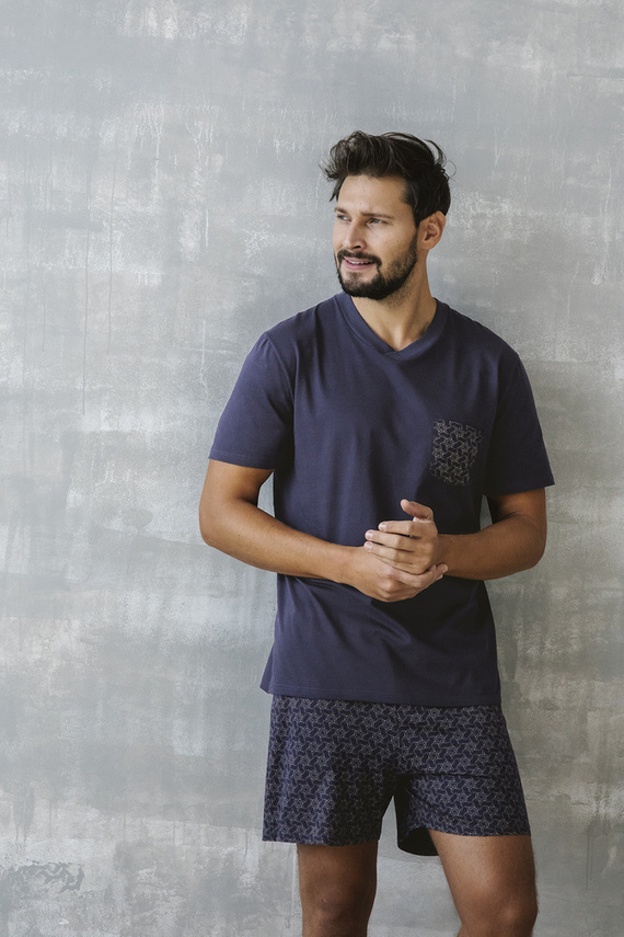 Diaz Pánske pyžamo s krátkym rukávom, šortky Italian Fashion - námornícka modrá/potlač