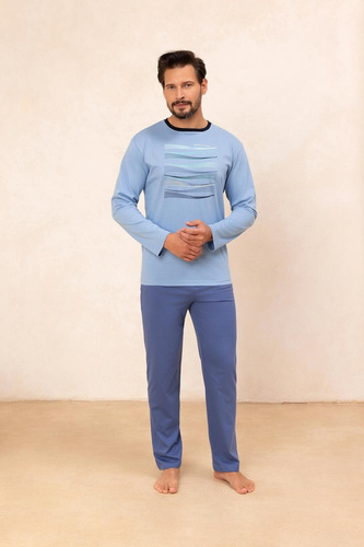 Regina 492 modrá - pánske bavlnené pyžamo s dlhým rukávom, klasický strih
