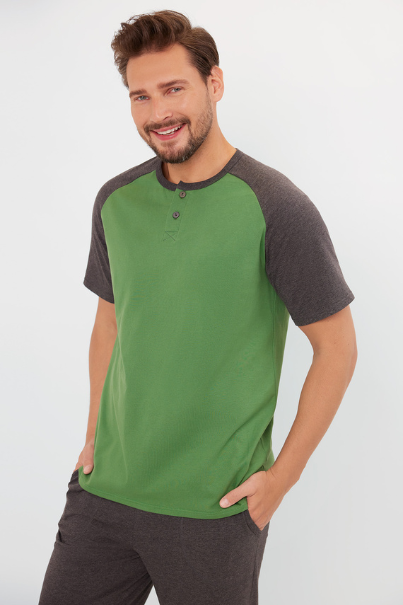 Alexander Pánske pyžamo s krátkym rukávom, dlhé nohavice Talianska móda - zelená/c.melange