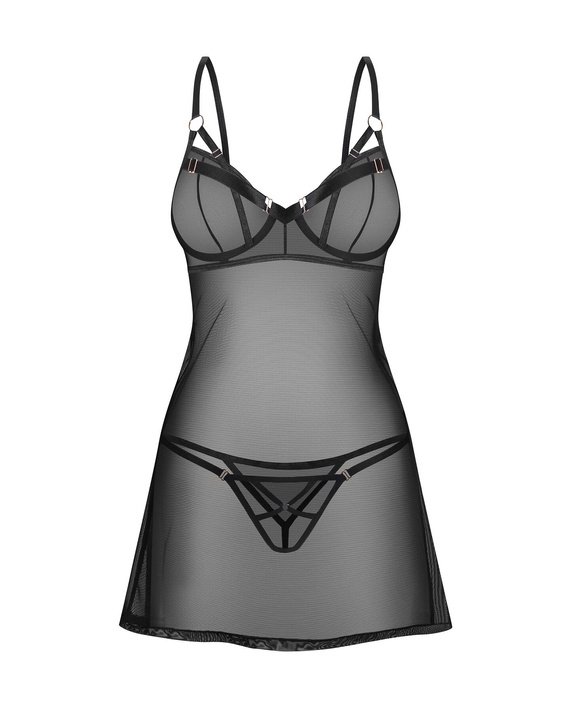 Euridia Chemise Obsessive black - elegantná nočná košieľka s kosticami a tangami Chemise Dámska košieľka Obsessive - čierna