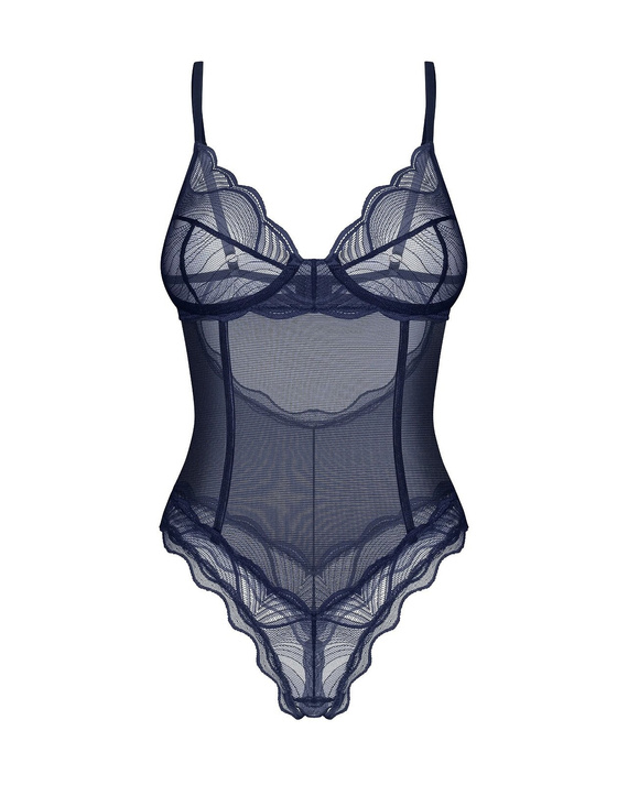 Obsessive Nightly Blue Crotchless body – čipkované body s kosticou tmavomodré