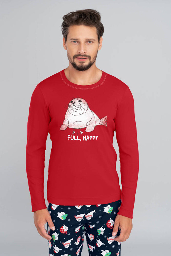 Pánske pyžamo s dlhým rukávom, dlhé nohavice Talianska móda - červená/potlač námornícka modrá