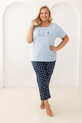 733 Pyžamo Regina modré - bavlna, krátke rukávy, polkruhový výstrih, potlač na prednej strane