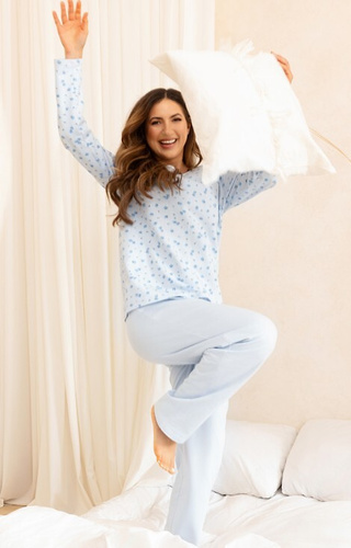 717 Dámske pyžamo Regina blue - teplá bavlna, dlhý rukáv, kvety