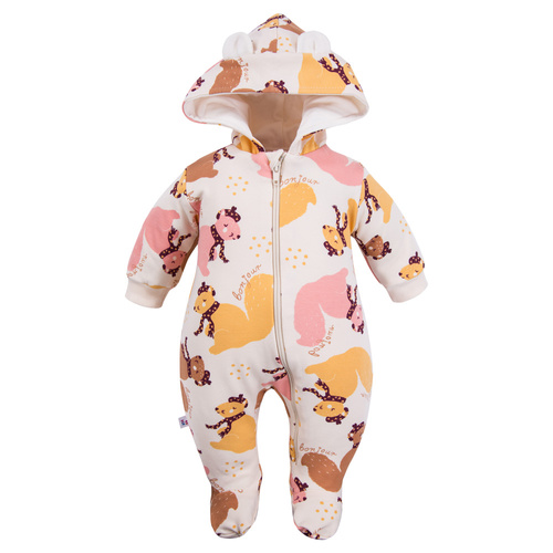 Detská tepláková súprava Fluffy Tails Eevi - ecru, s nožičkami a kapucňou, jesenná potlač