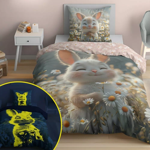 5548 A Fluo 95 Posteľná bielizeň svietiaci zajačik v kvetoch 100% bavlna | Pre deti Detexpol