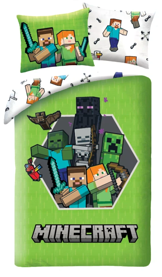 Bavlnené obliečky Halantex Minecraft 140x200 zelené s obliečkou na vankúš 70x90