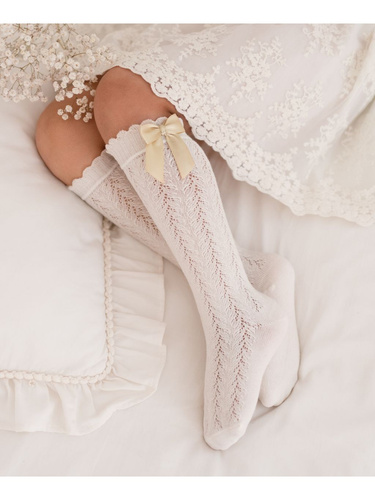 1382 Detské ažurové podkolienky s mašľou - bavlna Milena, Ecru