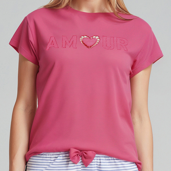 Juliana Sorbetto pink - dámske pyžamo 100% bavlna, s výšivkou a dlhými pruhovanými nohavicami