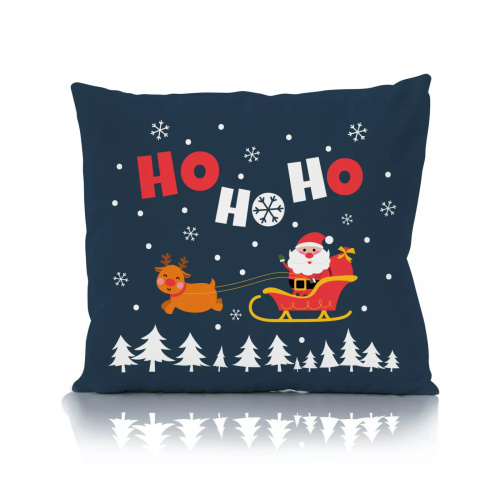 Vianočná dekoratívna obliečka na vankúš Holly Jolly Faro - mikrovlákno, tmavomodrá so Santom a sobmi