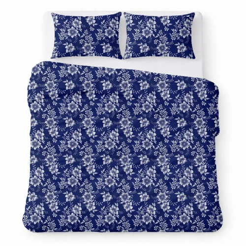Bavlnené krepové posteľné obliečky komplet priedušné bez žehlenia navy blue with white flowers
