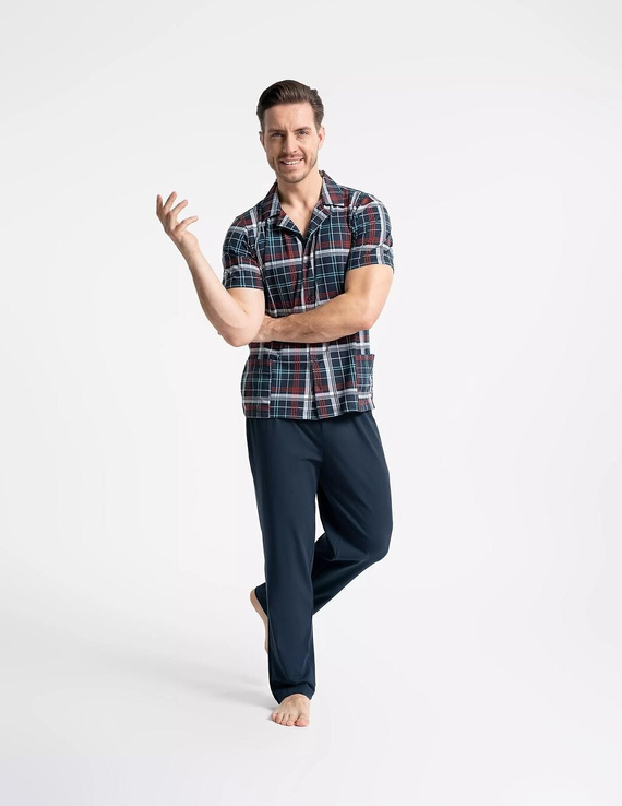 Pánska pyžama Moraj PDM6200-003 tmavomodrá, rozopínacia, bavlna s vreckami