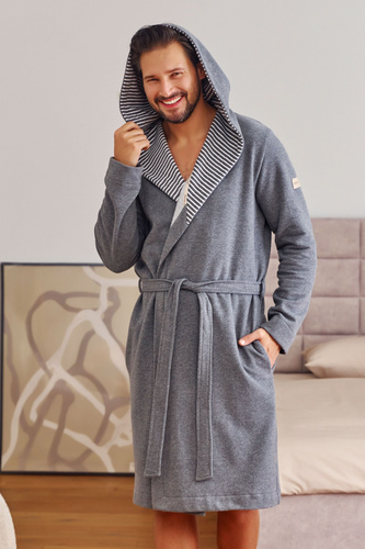 7230 Pánsky župan Doctor Nap - bavlna, kapucňa, elegantné lemovanie - tmavosivý