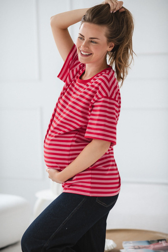 Mamahood Tričko pre tehotenstvo a dojčenie Milk&Love červeno-ružové pruhy - pohodlné a štýlové