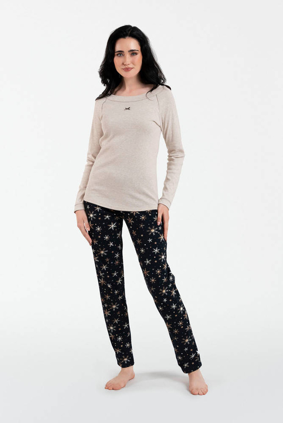 Denali Dámske pyžamo s dlhým rukávom a dlhými nohavicami Italian Fashion - béžová melanž/potlač