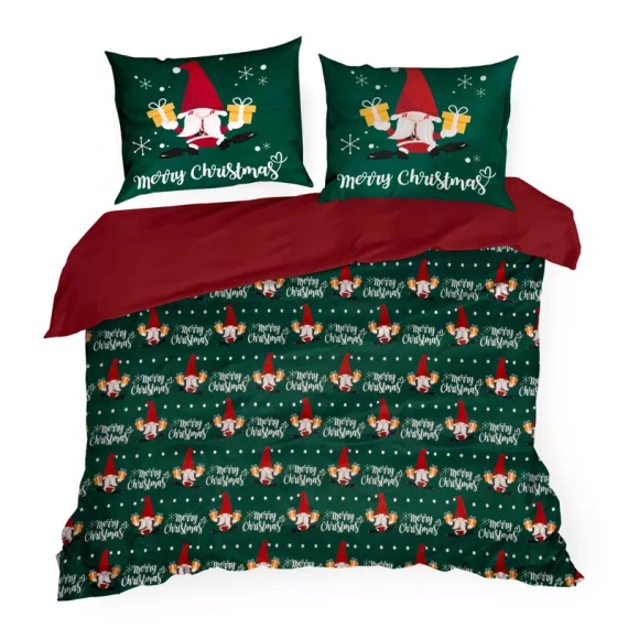 Vianočná posteľná bielizeň Galdor z mikrovlákna Eurofirany zeleno-červení škriatkovia - mäkká, ľahká a ľahko udržiavateľná, so zapínaním na zips