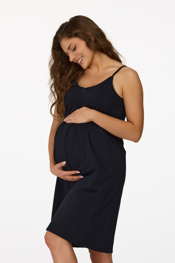 nie. 27 Tehotenská nočná košeľa Senizo čierna- 100% bavlna, dojčiaci zips, ramienka