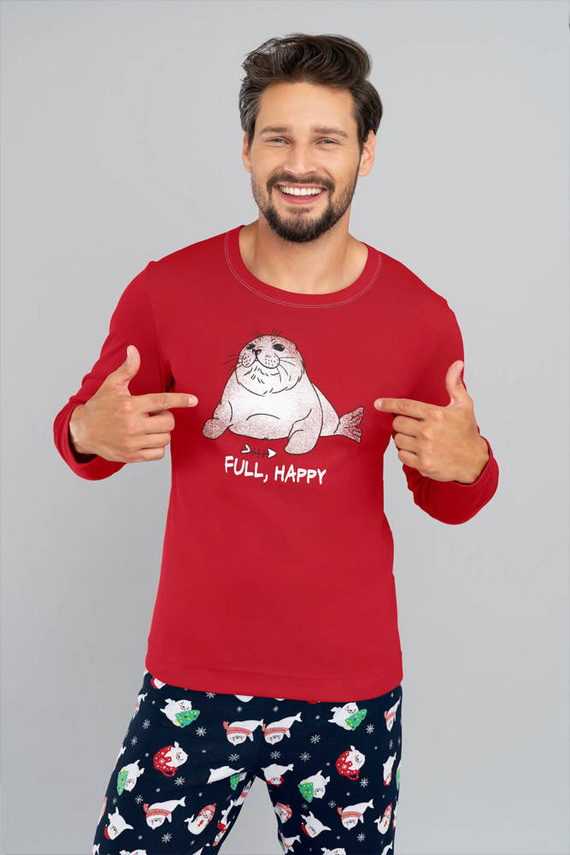 Pánske pyžamo s dlhým rukávom, dlhé nohavice Talianska móda - červená/potlač námornícka modrá