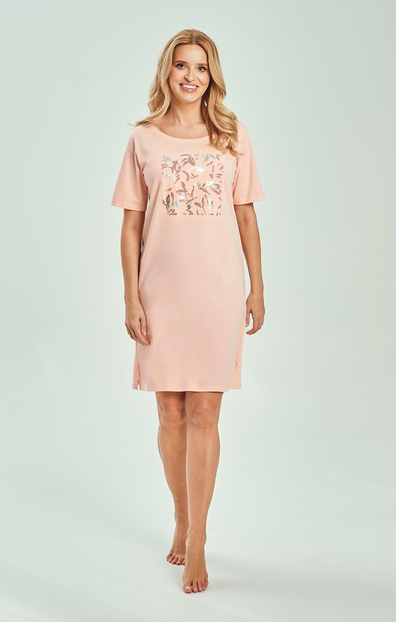 Dámska nočná košeľa 3554 Valentina Taro apricot - 100% bavlna, potlač, krátky rukáv, pohodlná a priedušná