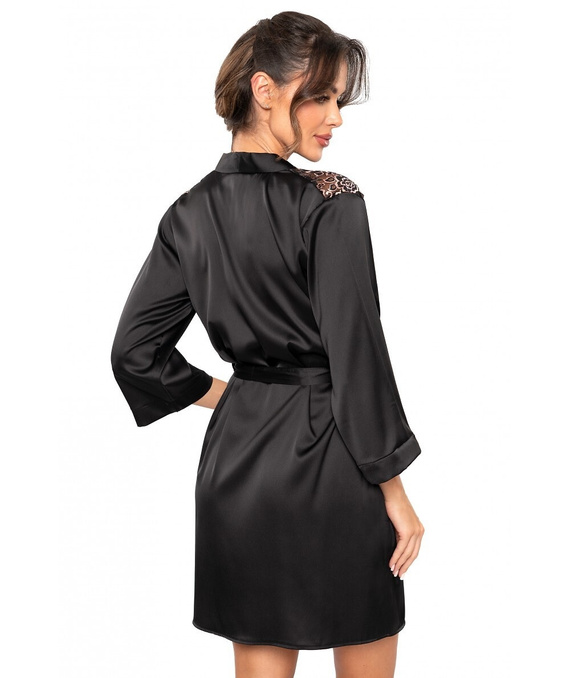 Sabrina Donna čierny župan - saténové negližé s čipkou, viazané v páse