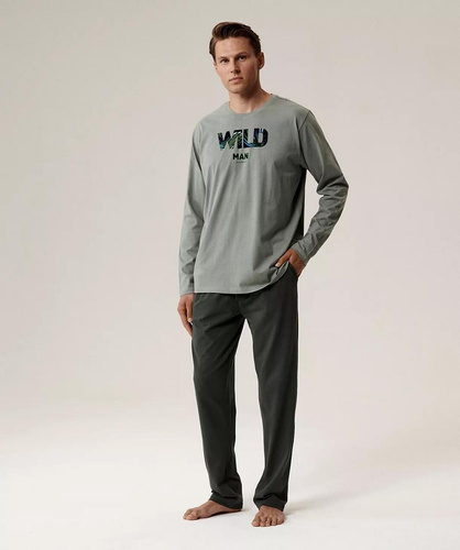 Pánske pyžamo NMP-392 Atlantic - zelená/khaki bavlna, dlhý rukáv, štýlová súprava na chladné noci