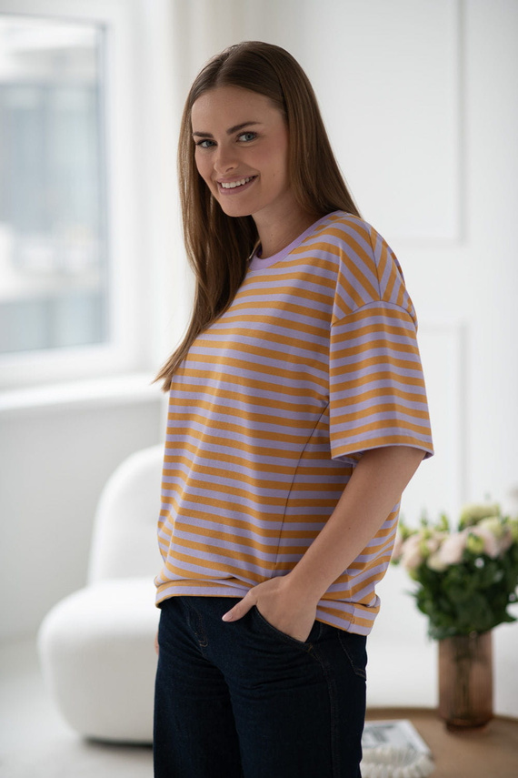 Mamahood Tričko pre tehotenstvo a dojčenie Milk&Love medové a lila pruhy - pohodlné a štýlové