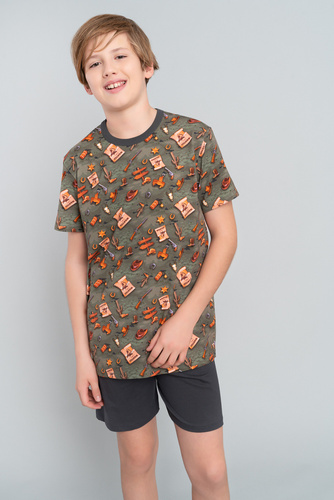 Westernové chlapčenské pyžamo s krátkym rukávom, nohavice Italian Fashion - olivová/grafitová