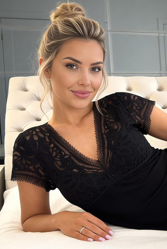 Nočná košeľa Elena Donna viskóza čipka elegantná mäkká V-výstrih čierna