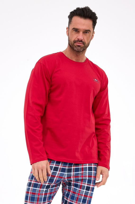 124/312 Ready 3 Cornette bordová - pánske bavlnené pyžamo, dlhý rukáv, károvaná nohavica