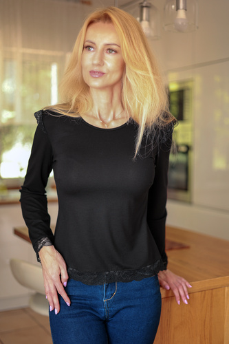 Mirale Ivy Dámska viskózová blúzka s čipkou Elegantná s dlhým rukávom - čierna