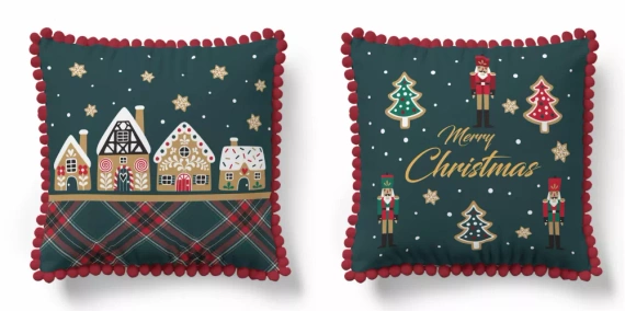 5379 Vianočná dekoratívna obliečka na vankúš Christmas Deco Detexpol perníková chalúpka a hviezdy - zips