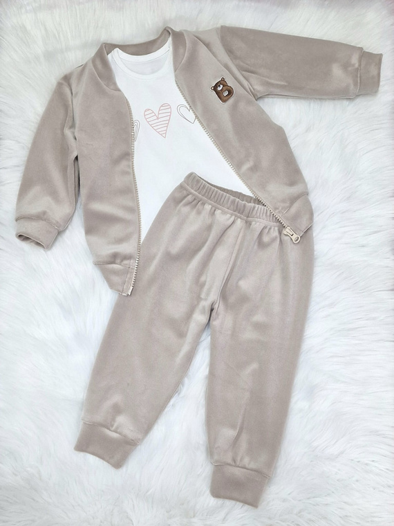 Tri srdcia Bambarillo ecru detské body - bavlna, elastický úplet, ideálne pre tepláky "BEAR"