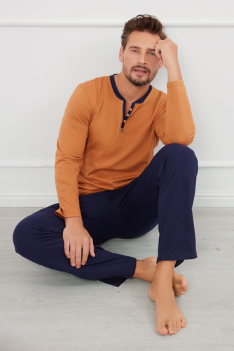 Julius Pánske pyžamo s dlhým rukávom, dlhé nohavice Talianska móda - koňaková/zelená