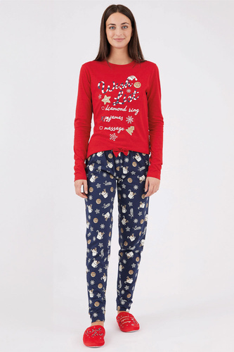 Natalie Sorbetto červená - dlhé dámske bavlnené vianočné pyžamo so snehovými vločkami