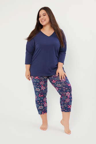 Folk Dámske pyžamo 3/4 rukávy, 7/8 nohavice Talianska móda - tmavomodrá/potlač