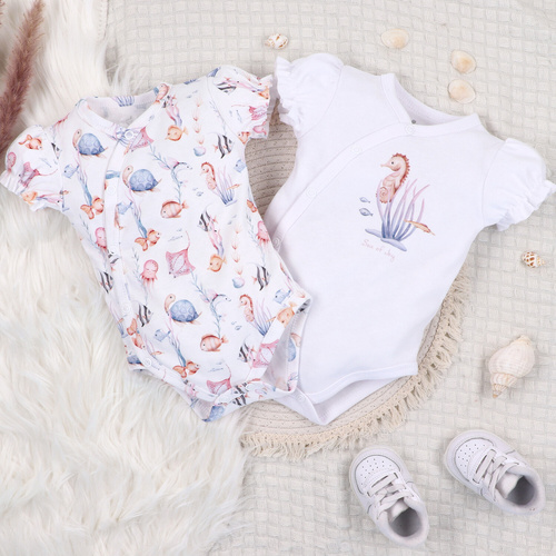 ABN-5474 Underwater World Nini obálkové body biele - organická bavlna, krátky rukáv