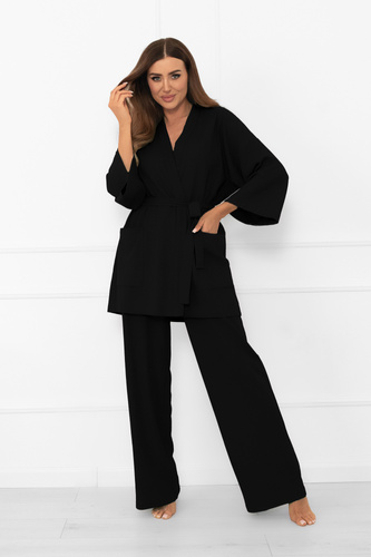 Dámske kimono čierne - elegantné s opaskom v páse a ¾ rukávom