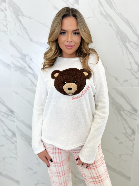 Madlen Dámske pyžamo Sorbetto ecru - fleece, s výšivkou medvedíka a károvanými nohavicami