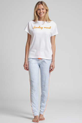 Dana Dámske pyžamo Sorbetto modré - 100% bavlna, krátky rukáv, károvaná nohavica, komplet